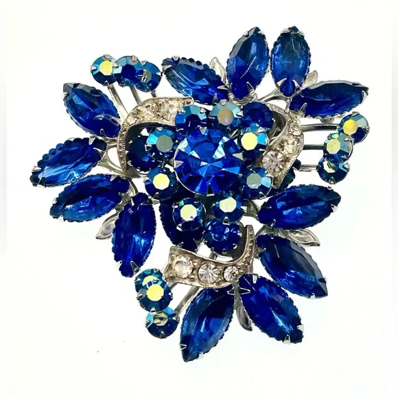Vintage 1960s Silver Tone Blue Faceted Crystal Brooch Pin Aurora Borealis MCM - Picture 7 of 7